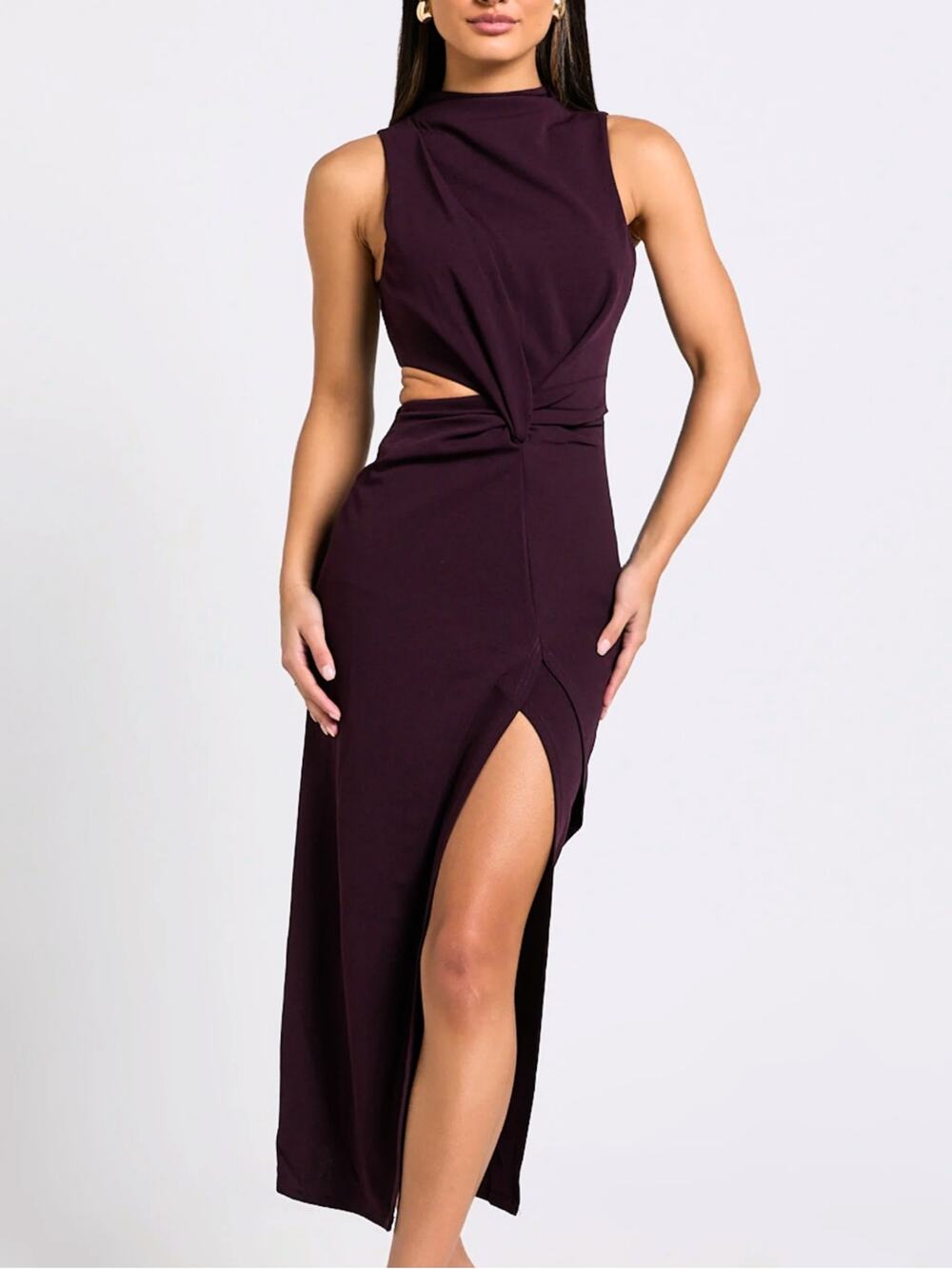 Showpo Plum Purple Midi Dress Size 8 Side Slit Waist Cut Out Sleeveless Cocktail